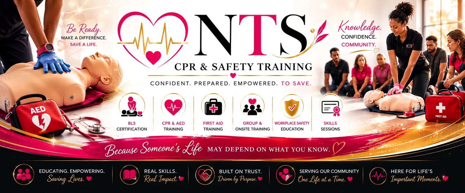 NTS CPR and Safety Training: BLS certification, CPR and AED, first aid, group and onsite training, workplace safety, and skills sessions