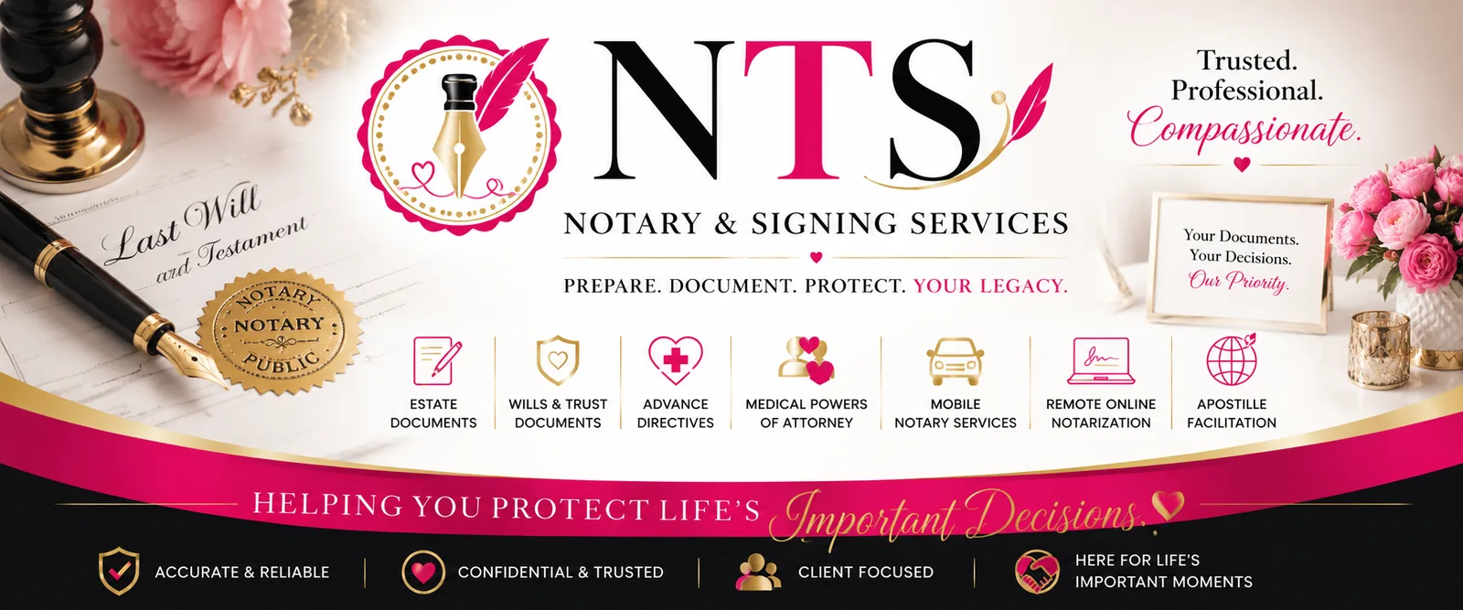 NTS Notary and Signing Services: estate documents, wills and trusts, advance directives, medical powers of attorney, mobile notary, remote online notarization, and apostille facilitation