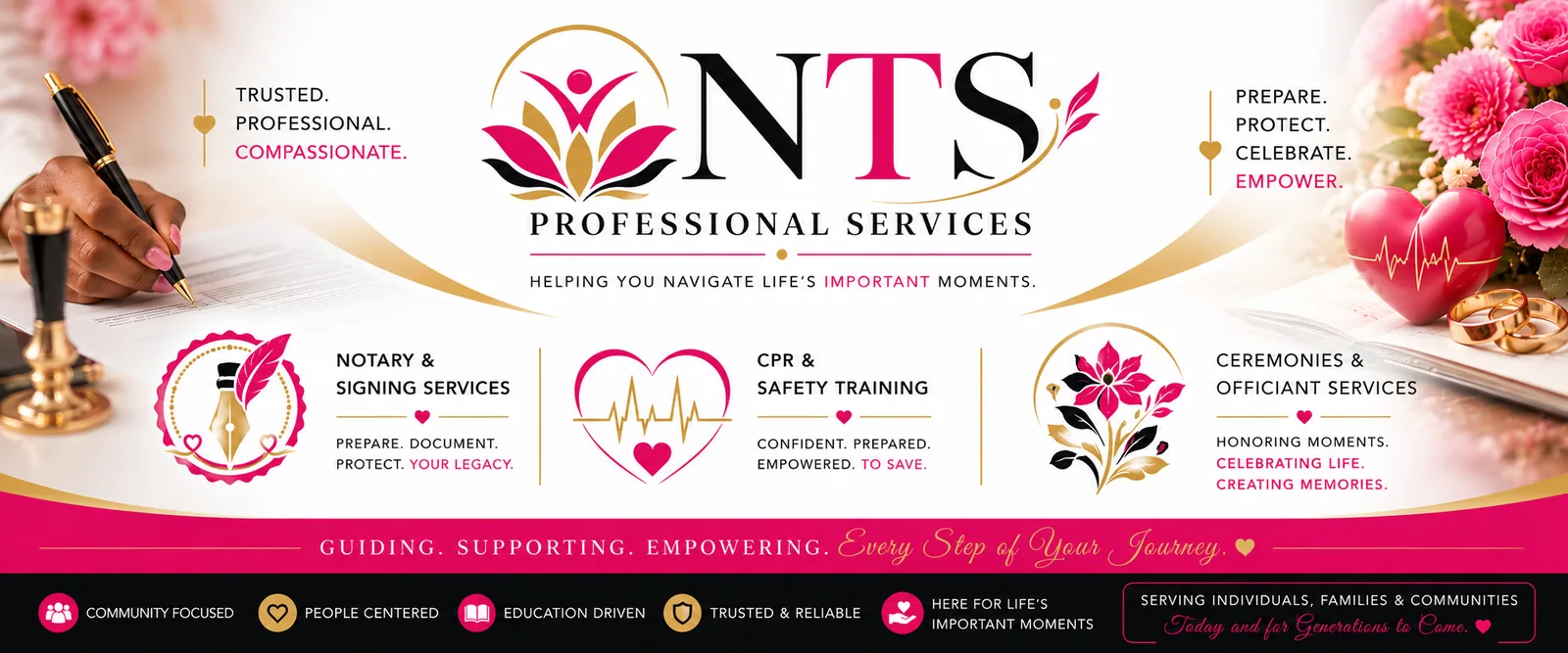 NTS Professional Services: trusted notary and signing services, CPR and safety training, and ceremonies and officiant services